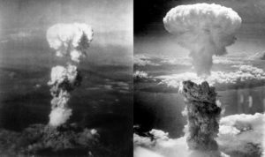 美軍在日本廣島（左）與長崎（右）原子彈爆炸後所產生的蕈狀雲（來源：維基百科）