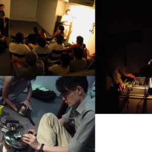 在地實驗於90年代舉辦的活動，左上：王福瑞講座；左下：零與聲音解放組織演出；右：DINO演出（照片提供：在地實驗）